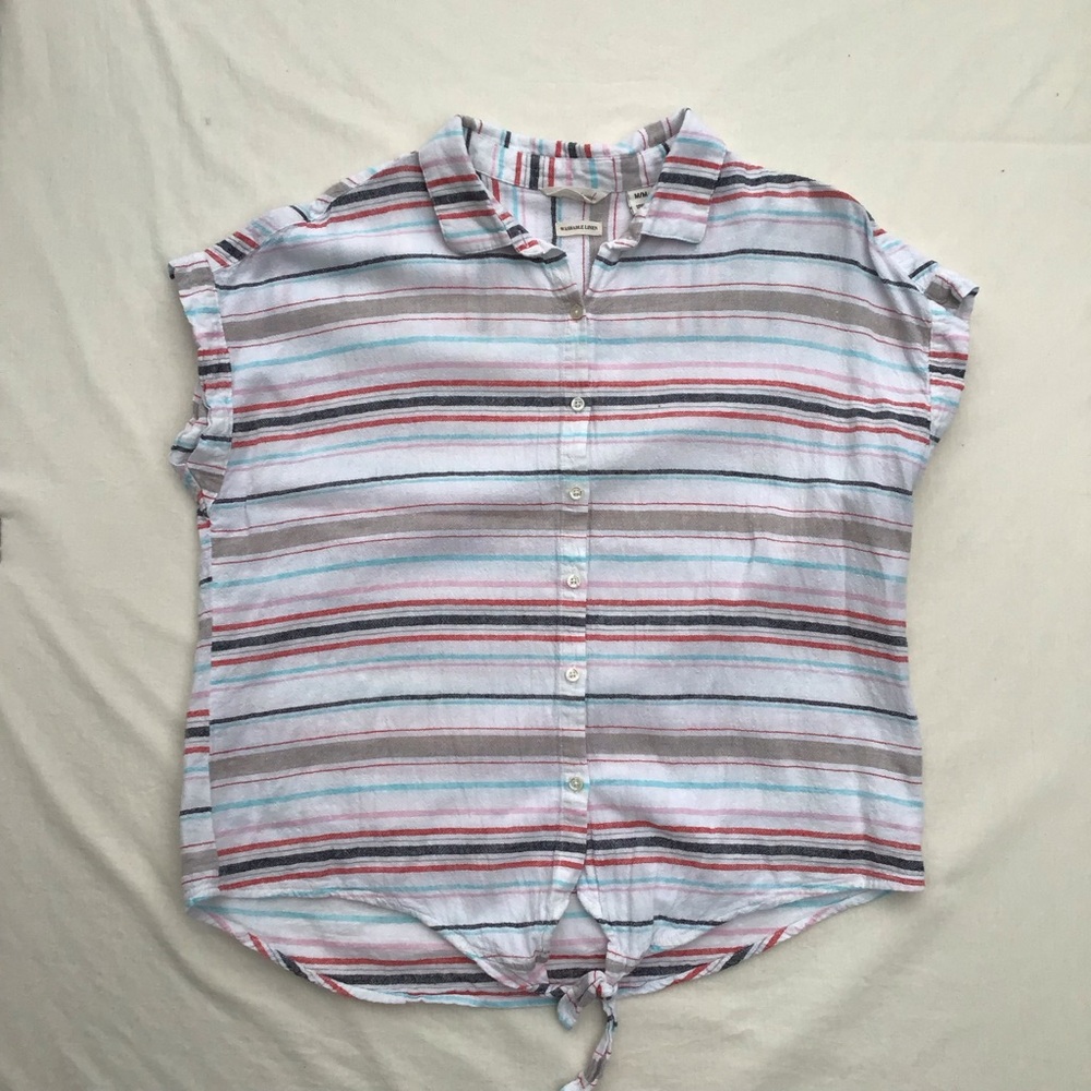Weatherproof Vintage Top Women’s MediumBlouse Linen Blend Short Sleeve Tie Front